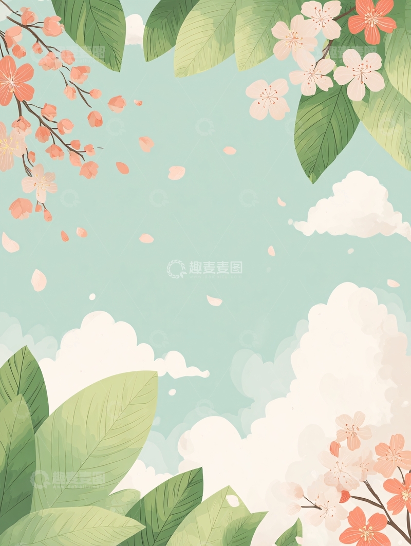 高清大图下载【趣麦麦图】-春日花草蓝天插画背景999
