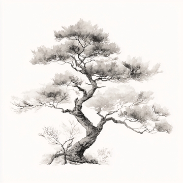 水墨风格的单棵松树插画836