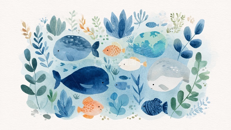 高清大图下载【趣麦麦图】-海洋生物水彩插画405