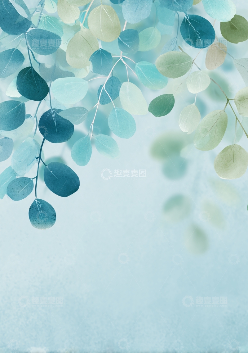 高清大图下载【趣麦麦图】-蓝绿色树叶水彩背景图500
