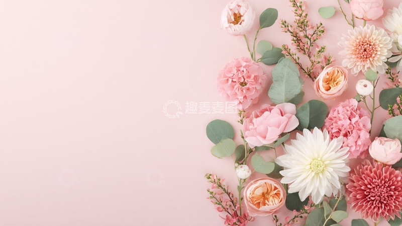 高清大图下载【趣麦麦图】-粉色背景的多彩花卉组合038