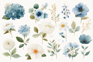 蓝白花卉插画元素集合688