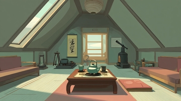 温馨插画风格的阁楼室内场景617