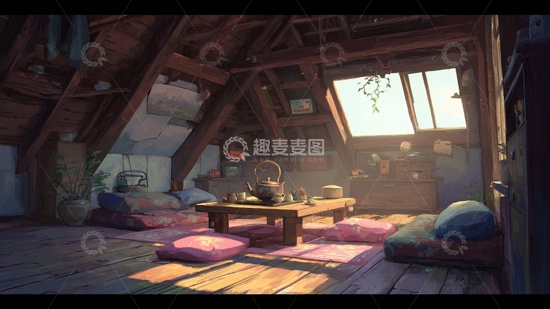 高清大图下载【趣麦麦图】-温馨阁楼室内场景插画874