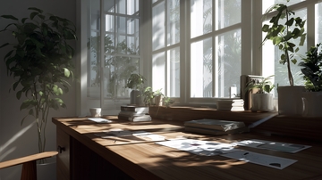 阳光洒落的室内植物书桌场景552