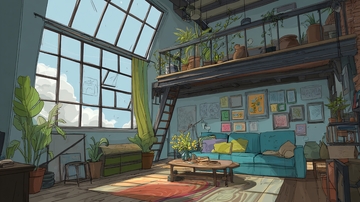 温馨插画风室内阁楼场景090