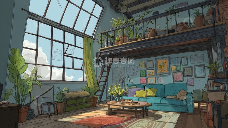 高清大图下载【趣麦麦图】-温馨插画风室内阁楼场景090