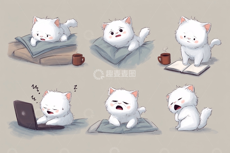 高清大图下载【趣麦麦图】可爱白猫不同姿态插画567
