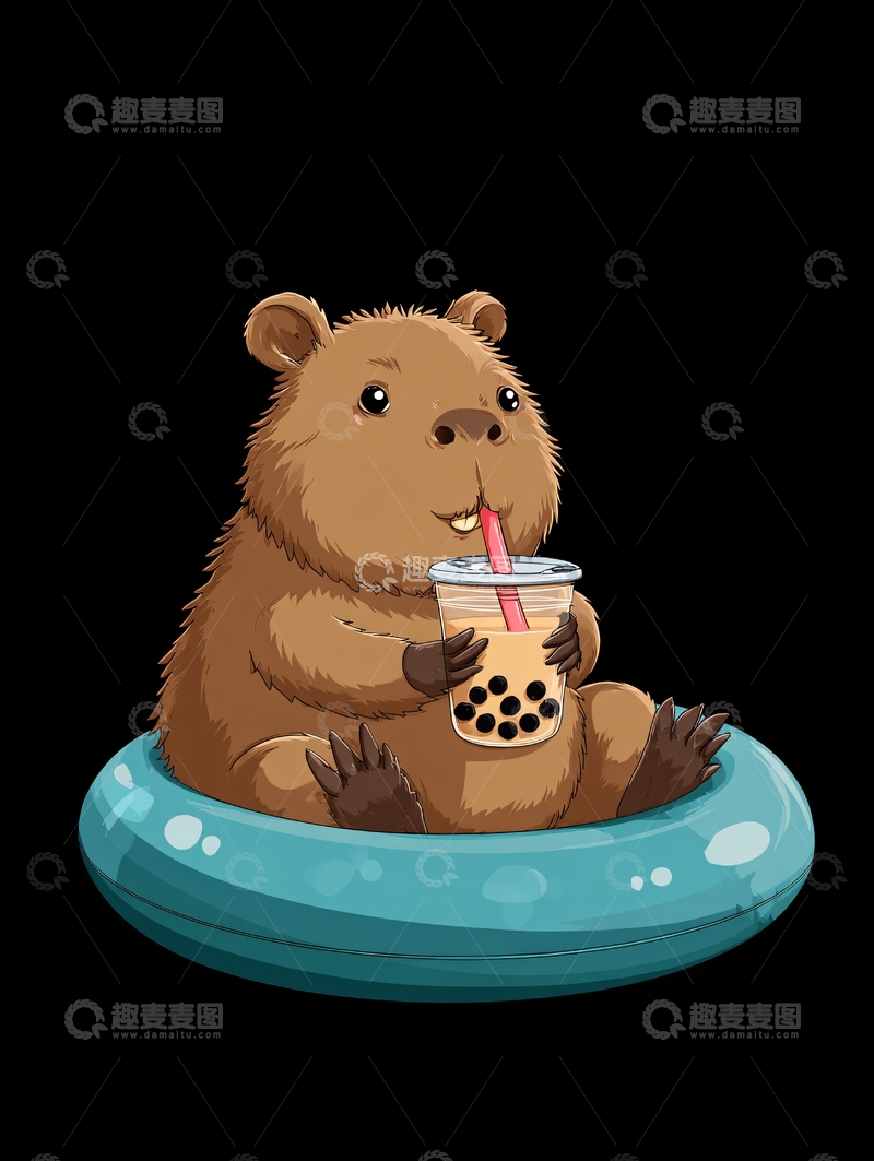 高清大图下载【趣麦麦图】-水豚惬意喝珍珠奶茶插画078