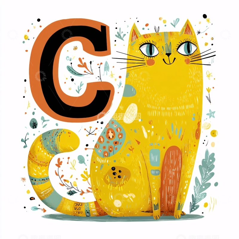 高清大图下载【趣麦麦图】插画风格的猫咪与字母图案947