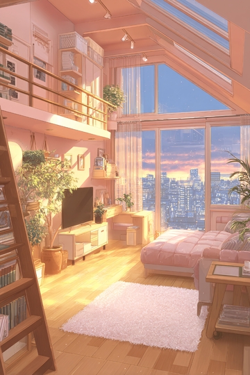 温馨插画风阁楼室内场景665