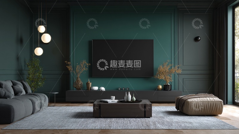 高清大图下载【趣麦麦图】-深绿色调现代客厅室内场景402
