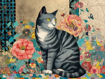 花丛中的灰猫插画203