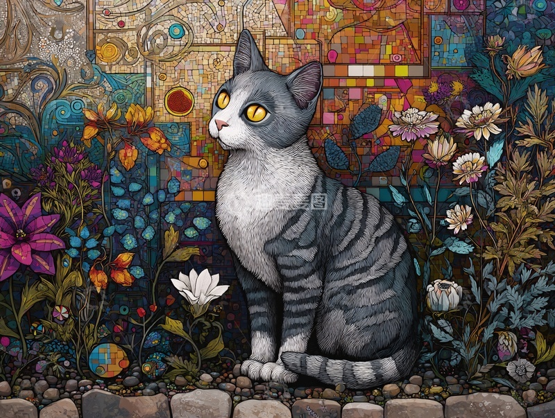 高清大图下载【趣麦麦图】-花丛中的灰猫插画720