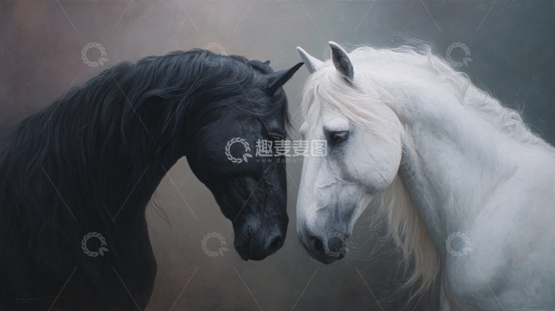 高清大图下载【趣麦麦图】黑白双马对视画面620