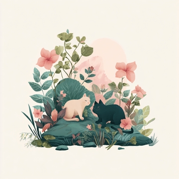 花丛中的黑白猫咪插画162