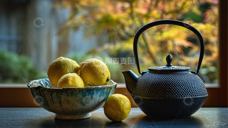 高清大图下载【趣麦麦图】-窗边茶壶与柠檬静物画面310