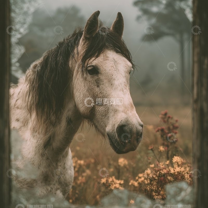 高清大图下载【趣麦麦图】-林中白马特写649