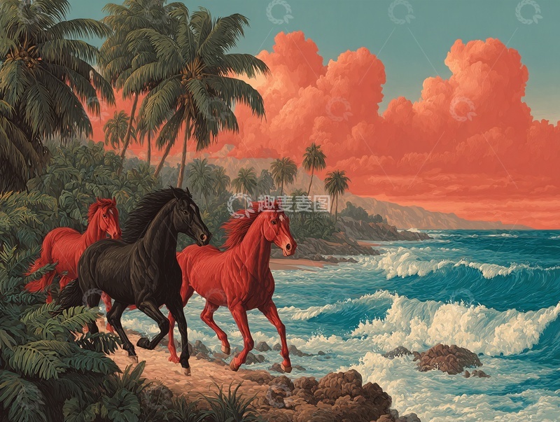 高清大图下载【趣麦麦图】海边奔跑的骏马插画461