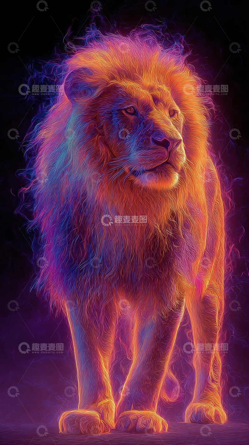 高清大图下载【趣麦麦图】-炫彩火焰效果的雄狮插画569