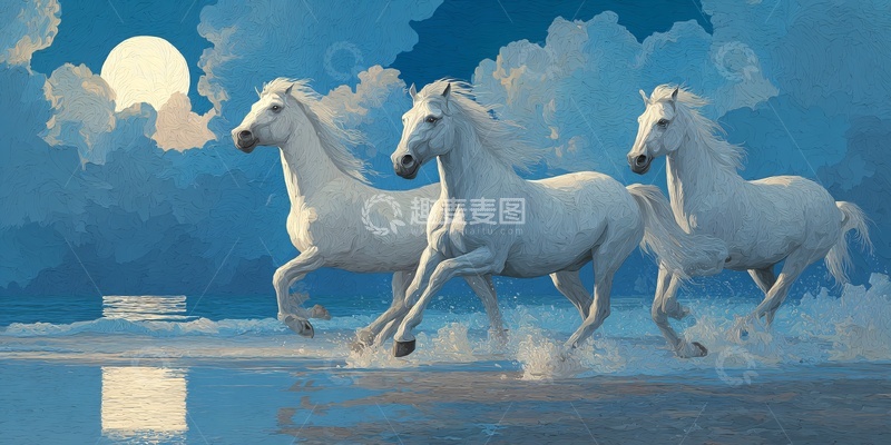 高清大图下载【趣麦麦图】月光下奔腾的三匹白马插画682