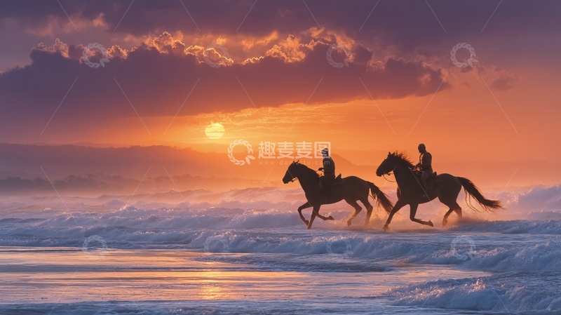 高清大图下载【趣麦麦图】夕阳下海边策马奔腾画面784