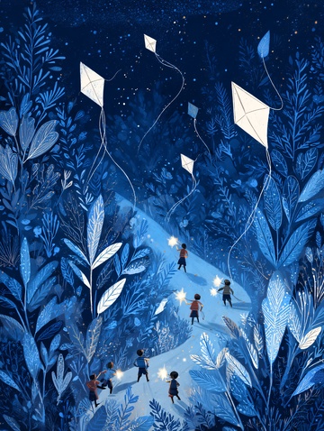 夜中孩童放纸鸢插画895