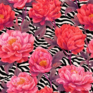 斑马纹底粉色牡丹插画图案668