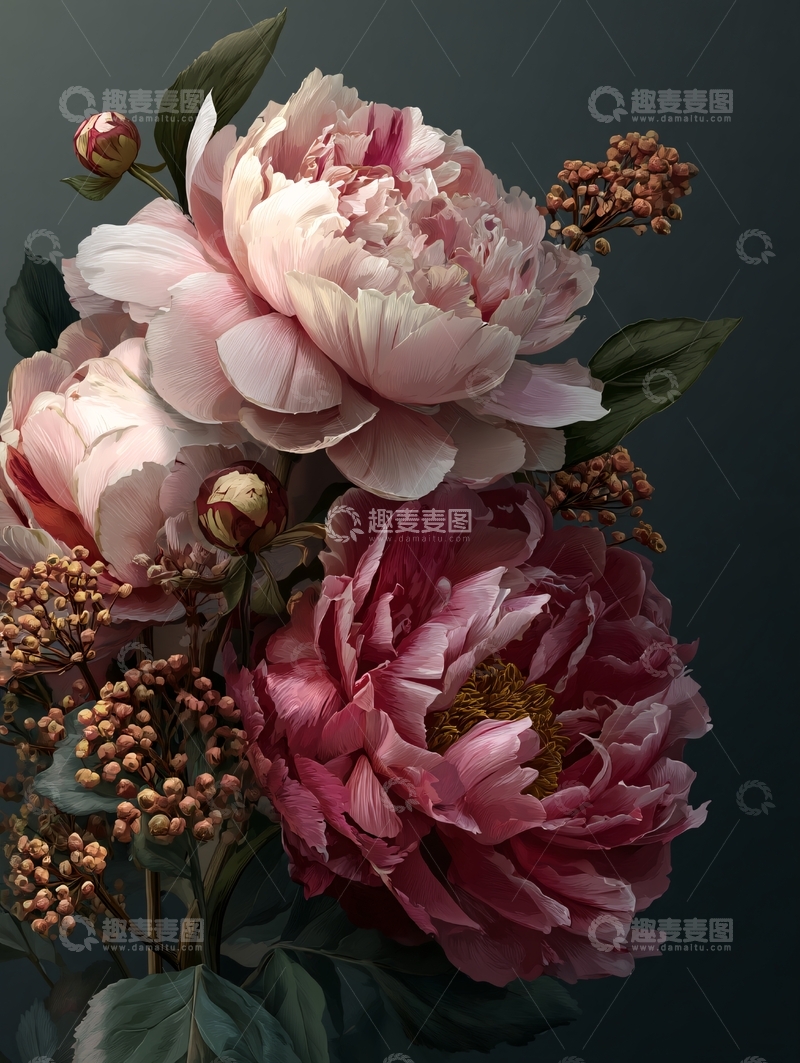 高清大图下载【趣麦麦图】-娇艳盛开的芍药花卉插画302