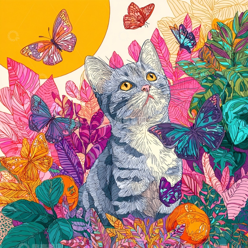 高清大图下载【趣麦麦图】-猫咪与蝴蝶的梦幻花园179