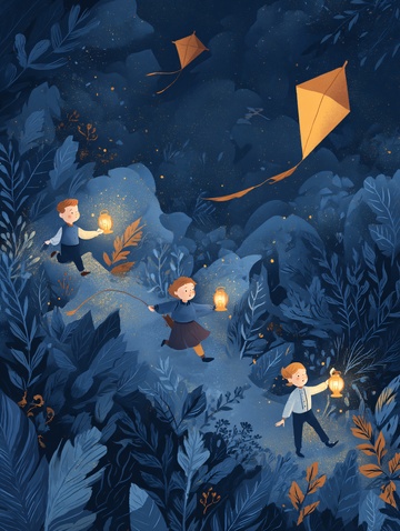 夜晚林间孩童持灯放风筝插画410
