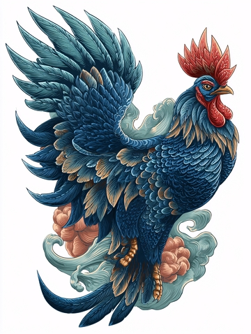 国风插画蓝羽神鸡展翅图694