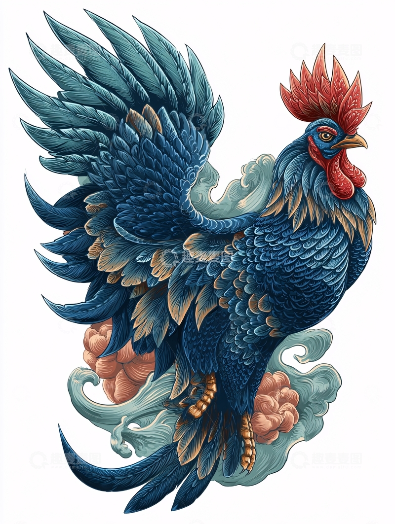 高清大图下载【趣麦麦图】-国风插画蓝羽神鸡展翅图694