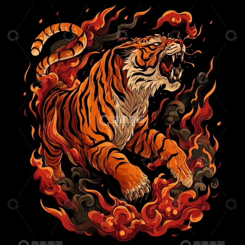 高清大图下载【趣麦麦图】火焰环绕的咆哮猛虎插画204