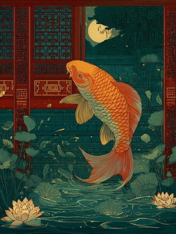 中式庭院中的跃起锦鲤插画709