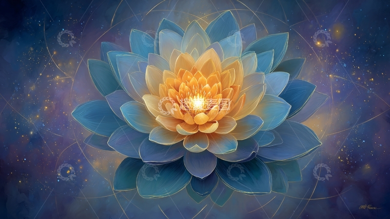高清大图下载【趣麦麦图】梦幻蓝色发光莲花插画584