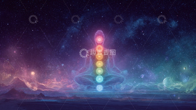 高清大图下载【趣麦麦图】星空下冥想的脉轮能量插画870