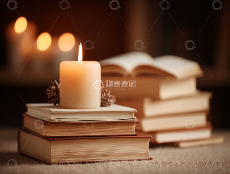 高清大图下载【趣麦麦图】-烛光下的书籍与松果场景678