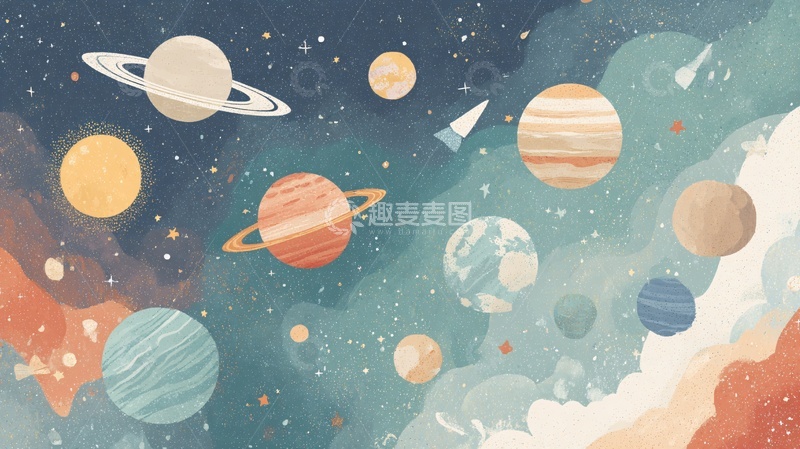 高清大图下载【趣麦麦图】-梦幻水彩风太阳系行星插画946