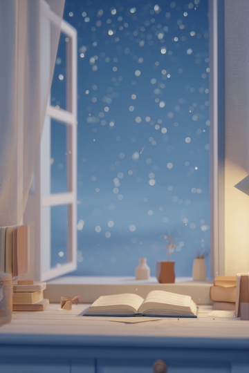 窗边雪夜读书场景插画424
