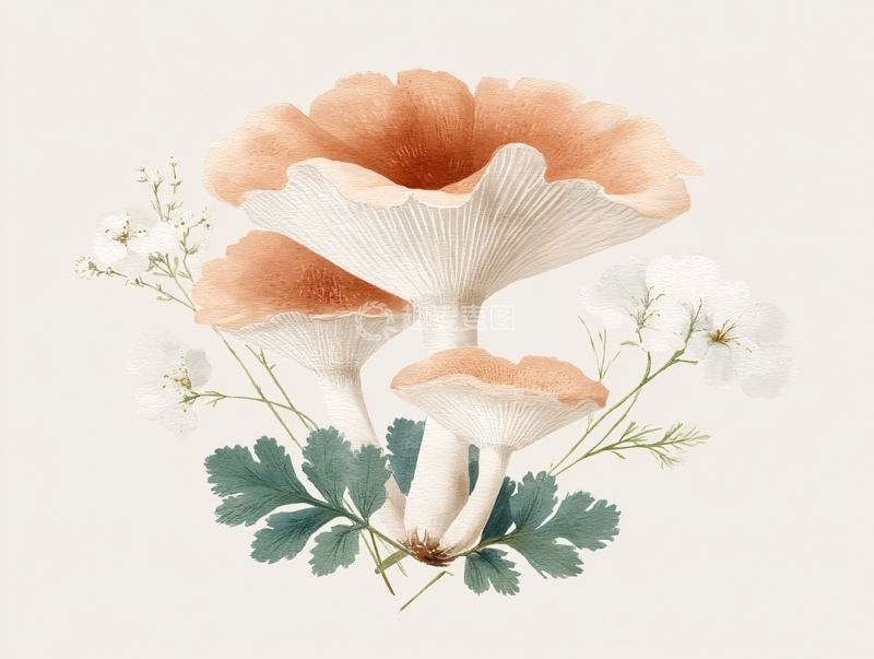 高清大图下载【趣麦麦图】插画风蘑菇与白花组合图案957