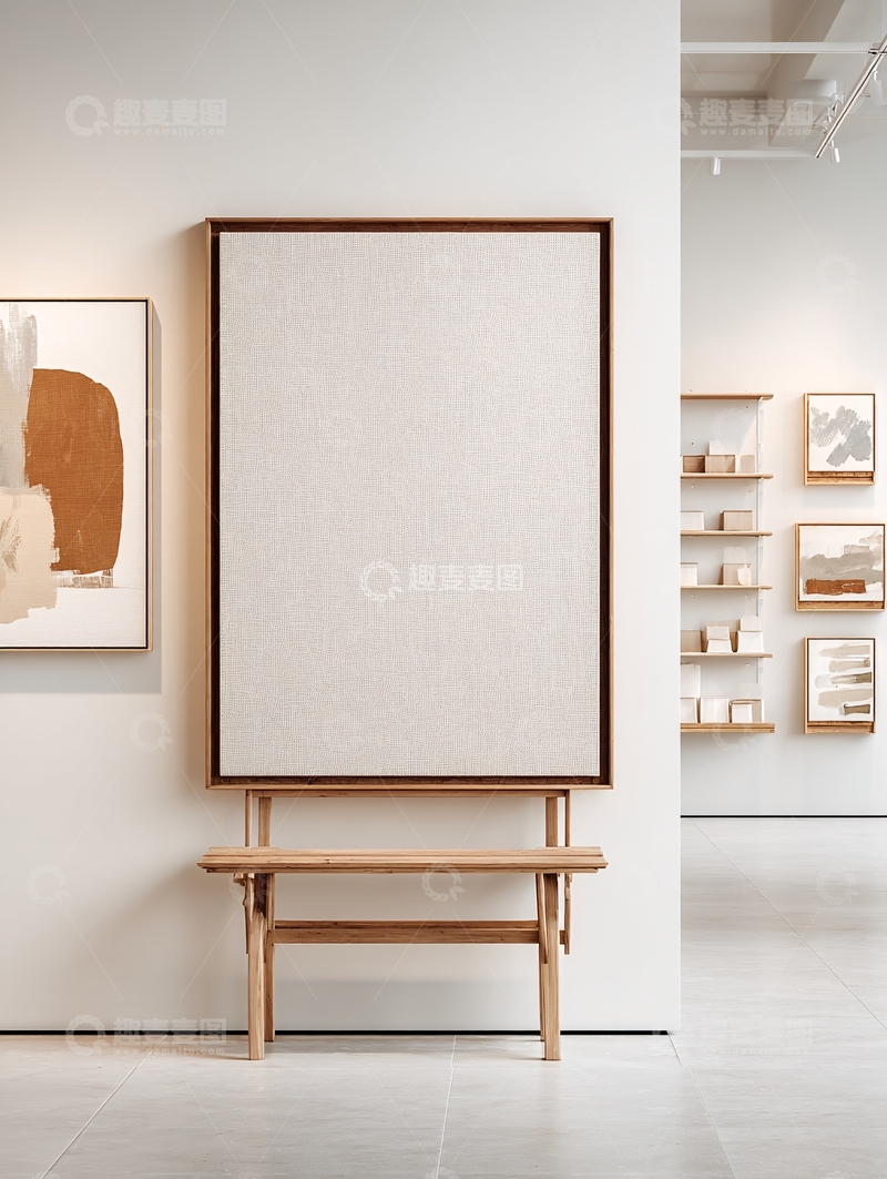 高清大图下载【趣麦麦图】-简约室内的画作与木桌展示138