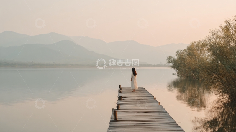 高清大图下载【趣麦麦图】-湖畔栈桥上的孤身女子812