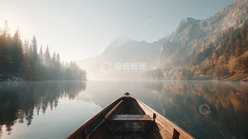 高清大图下载【趣麦麦图】-晨光中的湖面小船与山林111