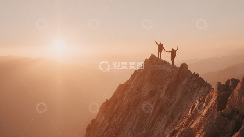 高清大图下载【趣麦麦图】山顶上欢呼的两人日出景象544