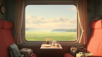 火车车厢内窗外风景插画559