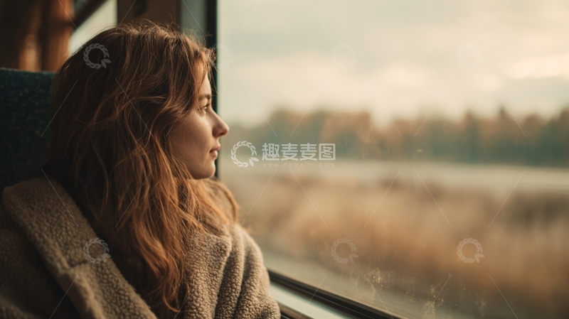 高清大图下载【趣麦麦图】-乘火车窗边远望的红衣女子634