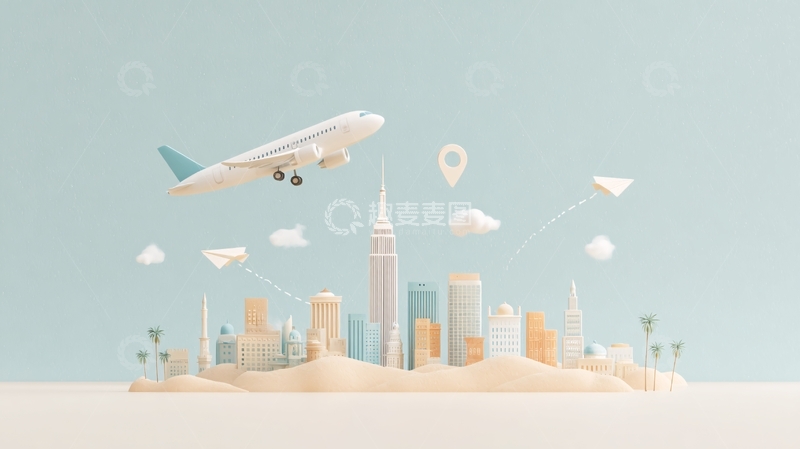 高清大图下载【趣麦麦图】城市上空飞行的飞机插画570