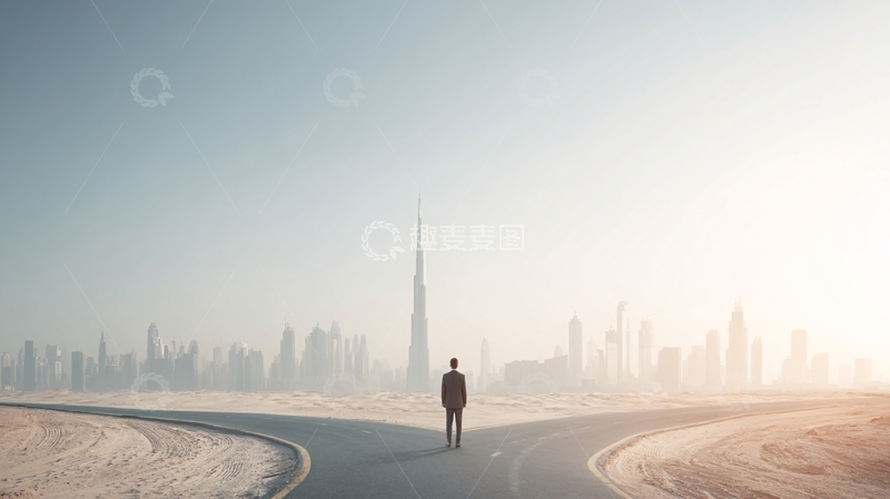 高清大图下载【趣麦麦图】-沙漠中独行者与远方城市景观397