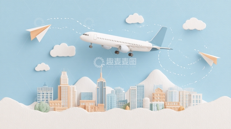 高清大图下载【趣麦麦图】纸飞机与飞机穿梭城市上空插画393